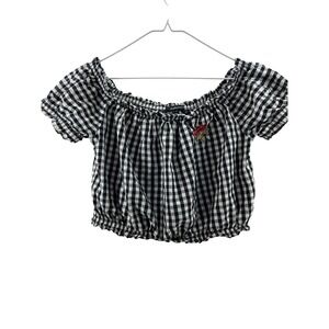 Ambiance Black White Gingham Rose Embroidered Off Shoulder Crop Top Large